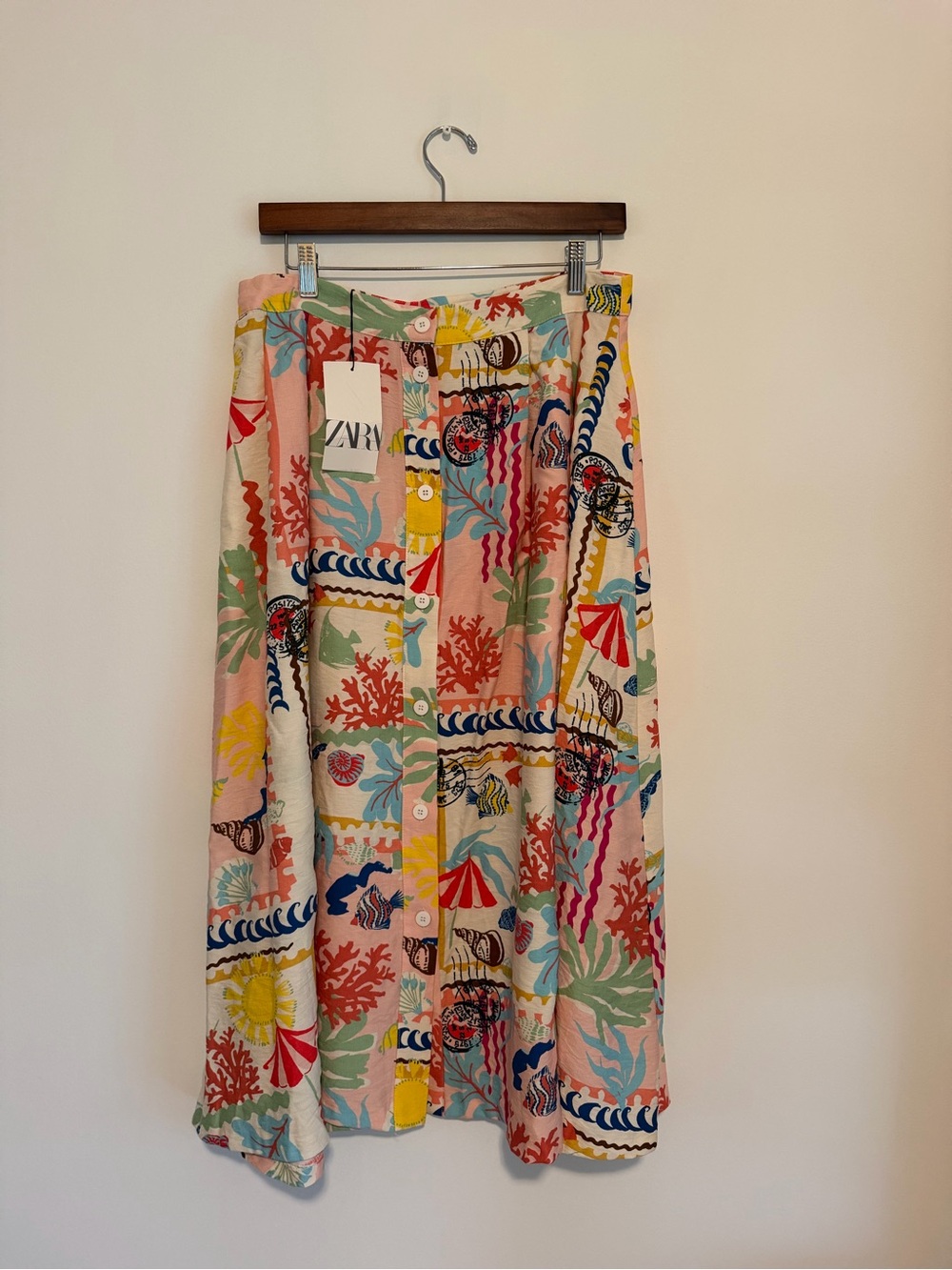 NWT ZARA Patchwork Print Summer Beach Seashell Cottage European Skirt Large - Picture 3 of 9